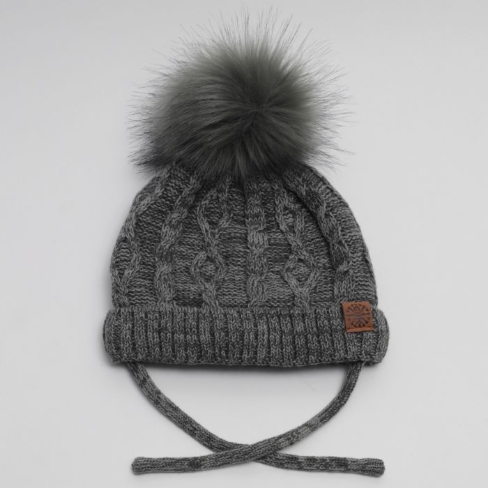 Calikids Knit pom pom hat with string - charcoal 1