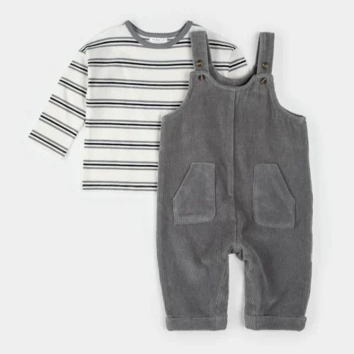 Petit Lem Pearl Blue Corduroy Overall Set