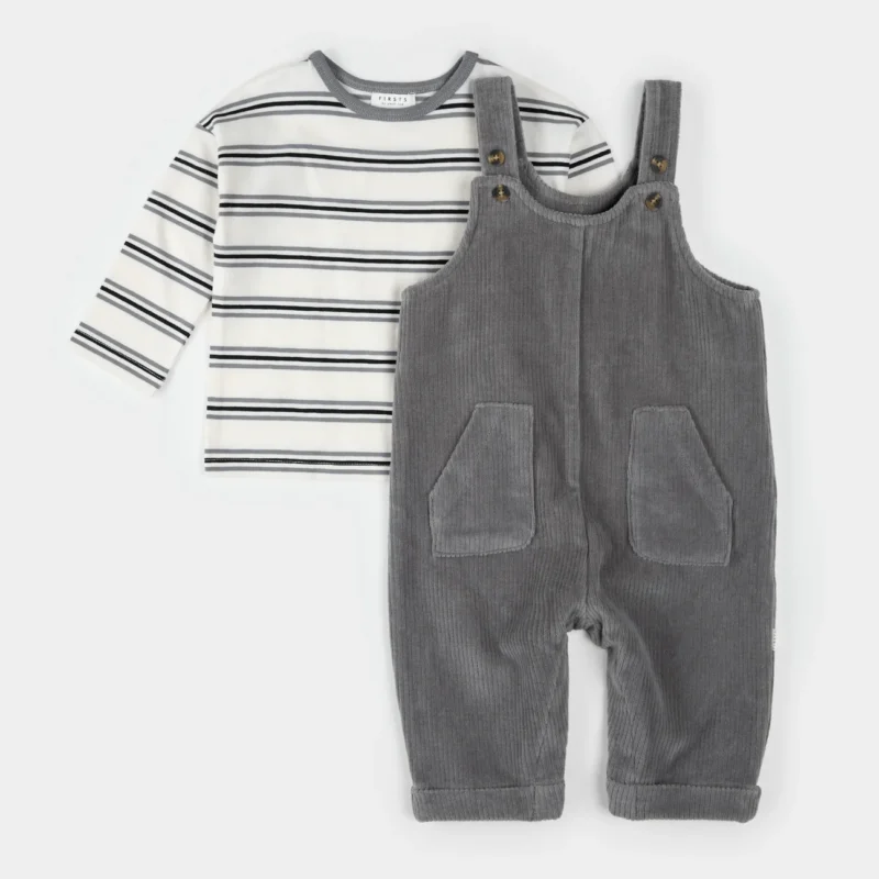 Petit Lem Pearl Blue Corduroy Overall Set