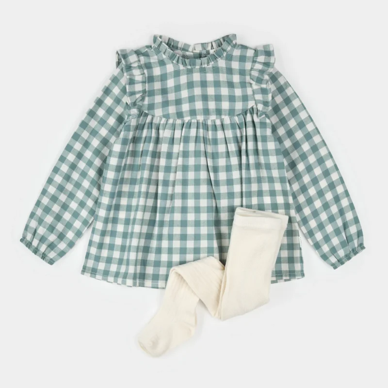 Petit Lem Teal Gingham Brushed Twill Dress Set